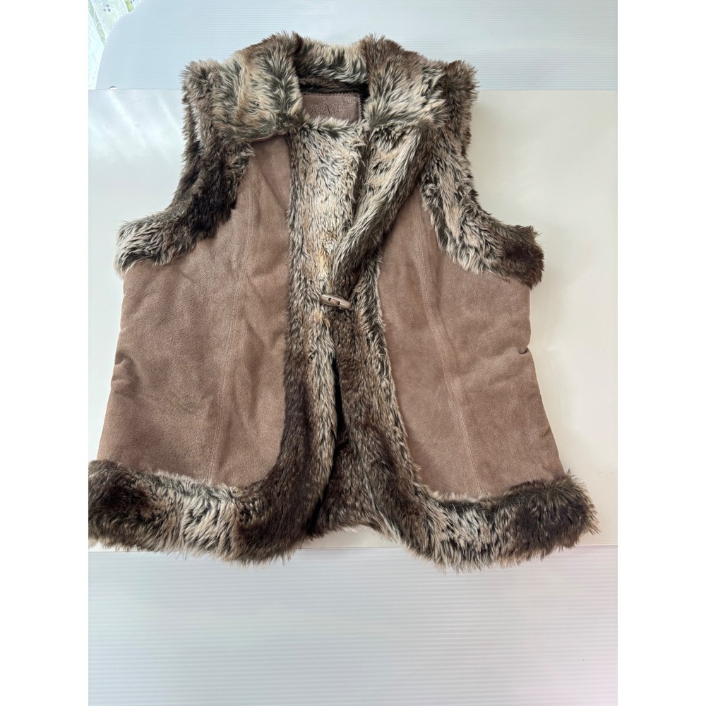 Live A Little Womens Brown Suede Leather Faux Fur Trim Toggle Vest Large